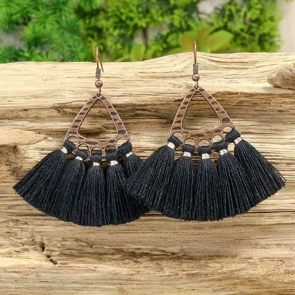 NEW pair BOHO black tassel earrings, trendy vintage jewelry, retro earrings